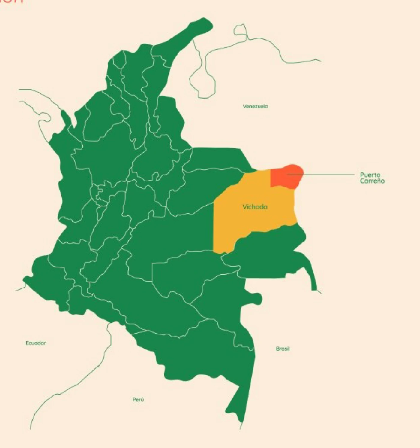 Map showing farm location relative to Puerto Carreño and Bogotá